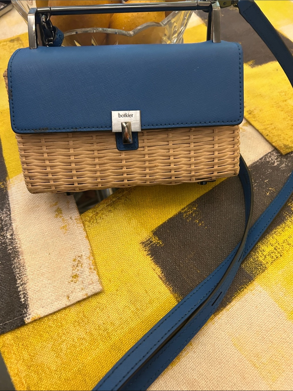 Botkier Blue Leather and Woven Straw Crossbody